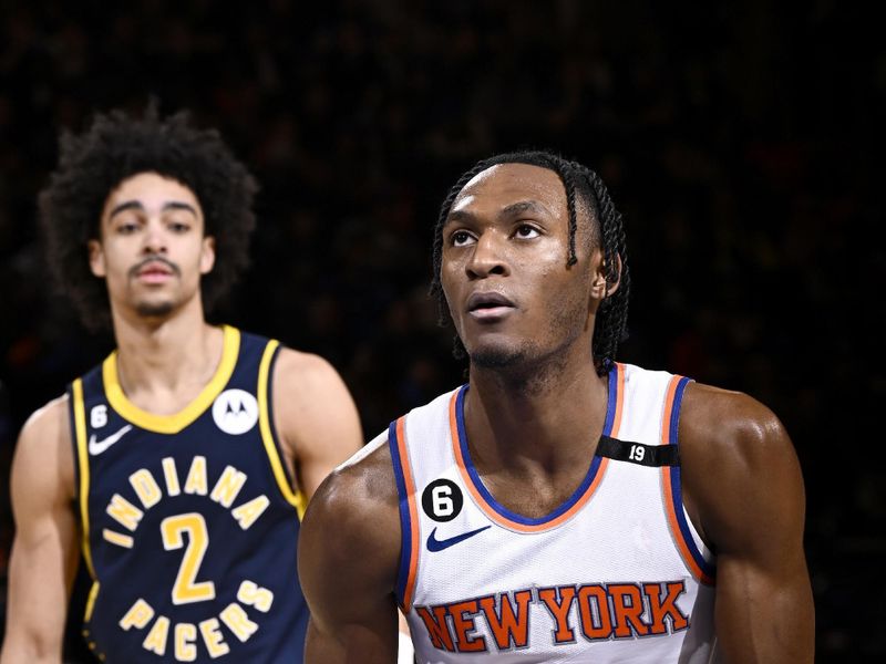 NEW YORK, NY - APRIL 9: Immanuel Quickley #5 of the New York Knicks prepares to shoot a free throw during the game against the Indiana Pacers on April 9, 2023 at Madison Square Garden in New York City, New York. NOTE TO USER: User expressly acknowledges and agrees that, by downloading and or using this photograph, User is consenting to the terms and conditions of the Getty Images License Agreement. Mandatory Copyright Notice: Copyright 2023 NBAE  (Photo by David Dow/NBAE via Getty Images)