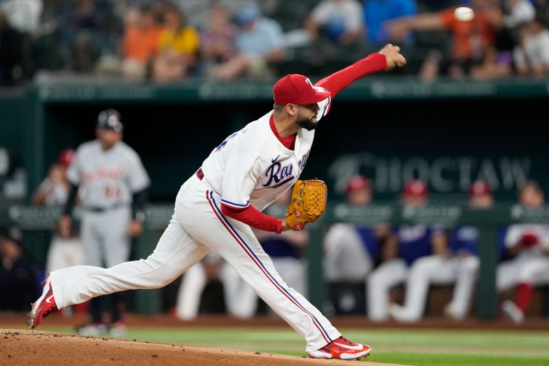 Jun 27, 2023; Arlington, Texas, USA; Texas Rangers starting pitcher Martin Perez (54) delivers a pitch to the Detroit Tigers during the first inning at Globe Life Field. Mandatory Credit: Jim Cowsert-USA TODAY Sports