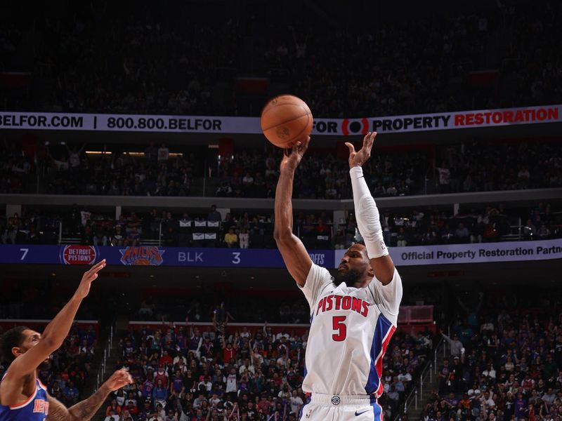 DETROIT, MI - APRIL 27: Malik Beasley #5 of the Detroit Pistons shoots a three point basket during the game against the New York Knicks during Round 1 Game 4 of the 2025 NBA Playoffs on April 27, 2025 at Little Caesars Arena in Detroit, Michigan. NOTE TO USER: User expressly acknowledges and agrees that, by downloading and/or using this photograph, User is consenting to the terms and conditions of the Getty Images License Agreement. Mandatory Copyright Notice: Copyright 2025 NBAE (Photo by Nathaniel S. Butler/NBAE via Getty Images)