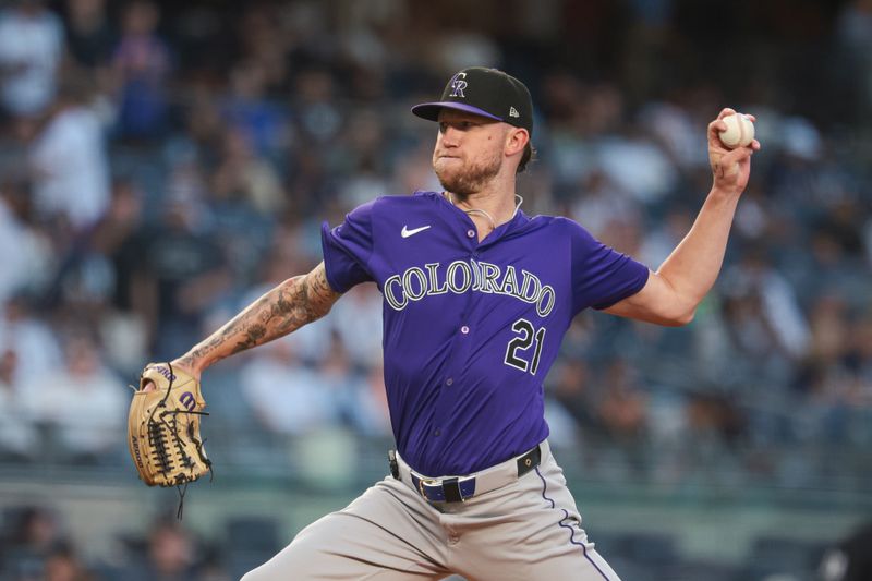 Aug 23, 2024; Bronx, New York, USA; Colorado Rockies starting pitcher Kyle Freeland (21) delivers a pitch during the first inning against the New York Yankees at Yankee Stadium. Mandatory Credit: Vincent Carchietta-USA TODAY Sports