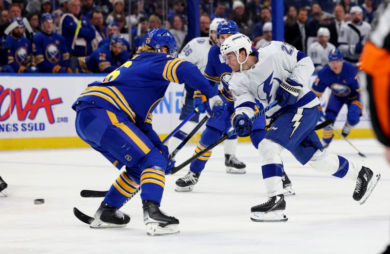 Jan 20, 2024; Buffalo, New York, USA;  Buffalo Sabres defenseman Rasmus Dahlin (26) looks to block a shot by Tampa Bay Lightning center Brayden Point (21) during the first period at KeyBank Center. Mandatory Credit: Timothy T. Ludwig-USA TODAY Sports