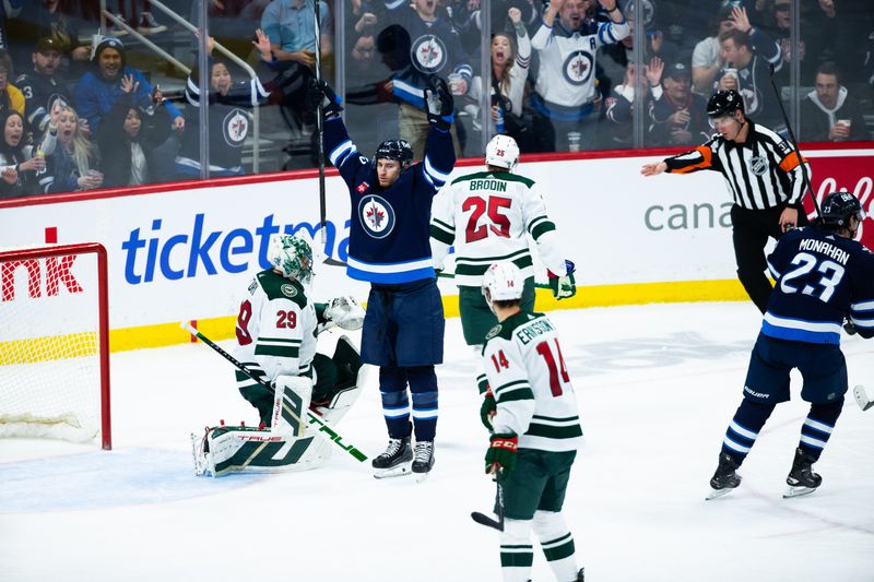 Feb 20, 2024; Winnipeg, Manitoba, CAN; Winnipeg Jets forward Gabriel Vilardi (13) celebrates his goal against the Minnesota Wild during third period at Canada Life Centre. Mandatory Credit: Terrence Lee-USA TODAY Sports
