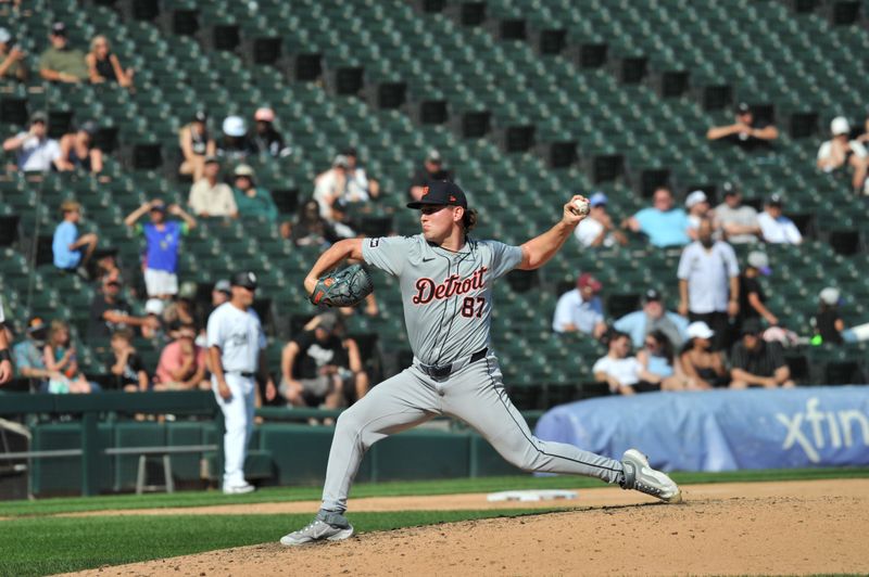 Aug 25, 2024; Chicago, Illinois, USA; Detroit Tigers pitcher Tyler Holton (87) pitches during the eighth inning against the Detroit Tigers at Guaranteed Rate Field. Mandatory Credit: Patrick Gorski-USA TODAY Sports