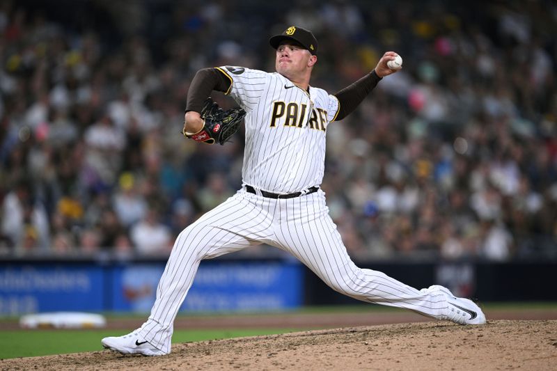 Jun 24, 2023; San Diego, California, USA; San Diego Padres relief pitcher Adrian Morejon (50) throws a pitch against the Washington Nationals during the ninth inning at Petco Park. Mandatory Credit: Orlando Ramirez-USA TODAY Sports