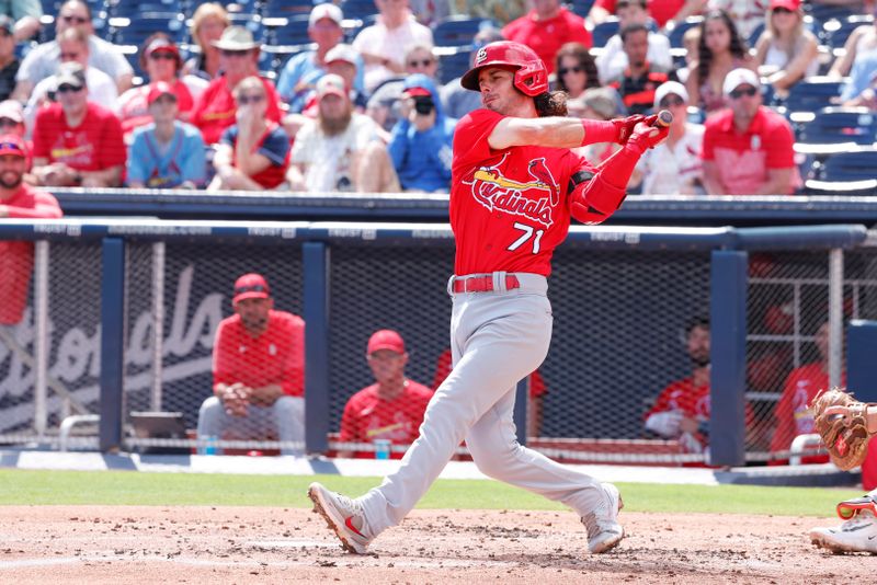 Mar 26, 2023; West Palm Beach, Florida, USA;  St. Louis Cardinals third baseman Kramer Robertson hits an RBI double during the second inning against the Houston Astros at The Ballpark of the Palm Beaches. Mandatory Credit: Reinhold Matay-USA TODAY Sports