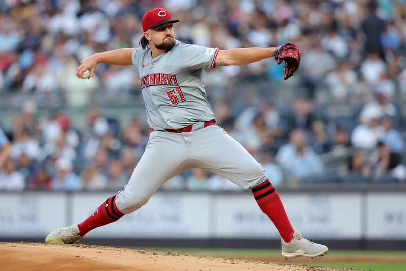 Jul 2, 2024; Bronx, New York, USA; Cincinnati Reds starting pitcher Graham Ashcraft (51) pitches against the New York Yankees during the second inning at Yankee Stadium. Mandatory Credit: Brad Penner-USA TODAY Sports