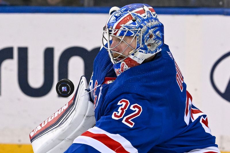 Feb 5, 2024; New York, New York, USA;  New York Rangers goaltender Jonathan Quick (32) makes a save against the Colorado Avalanche during the second period at Madison Square Garden. Mandatory Credit: Dennis Schneidler-USA TODAY Sports