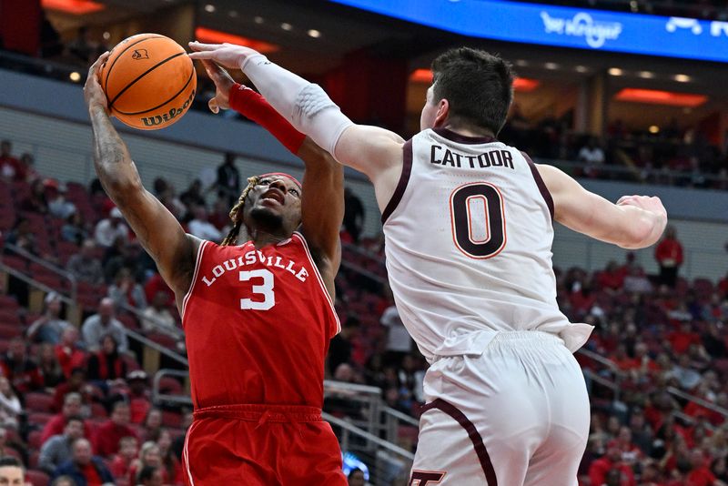 Feb 28, 2023; Louisville, Kentucky, USA; Louisville Cardinals guard El Ellis (3) shoots against Virginia Tech Hokies guard Hunter Cattoor (0) during the second half at KFC Yum! Center. Virginia Tech defeated Louisville 71-54. Mandatory Credit: Jamie Rhodes-USA TODAY Sports