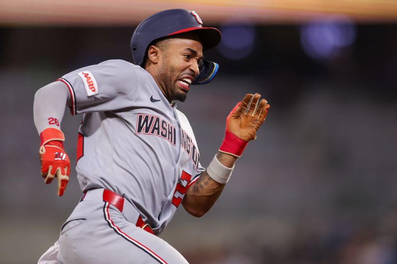 Sep 22, 2025; Atlanta, Georgia, USA; Washington Nationals shortstop Nasim Nunez (26) rounds third to score a run against the Atlanta Braves in the fifth inning at Truist Park. Mandatory Credit: Brett Davis-Imagn Images