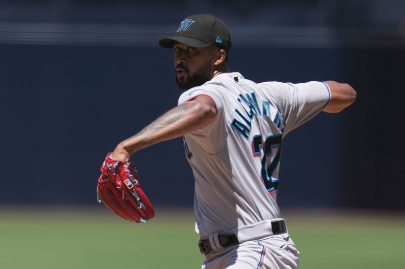 Aug 23, 2023; San Diego, California, USA;  Miami Marlins starting pitcher Sandy Alcantara (22) throws a pitch against to the San Diego Padres during the first inning at Petco Park. Mandatory Credit: Ray Acevedo-USA TODAY Sports