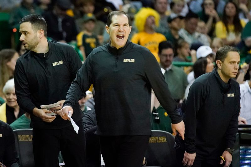 Mar 4, 2023; Waco, Texas, USA; Baylor Bears head coach Scott Drew reacts on the bench during the first half against the Iowa State Cyclones at Ferrell Center. Mandatory Credit: Raymond Carlin III-USA TODAY Sports