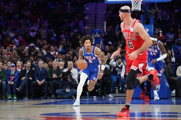 PHILADELPHIA, PA - DECEMBER 18: Kelly Oubre Jr. #9 of the Philadelphia 76ers dribbles the ball during the game against the Chicago Bulls on December 18, 2023 at the Wells Fargo Center in Philadelphia, Pennsylvania NOTE TO USER: User expressly acknowledges and agrees that, by downloading and/or using this Photograph, user is consenting to the terms and conditions of the Getty Images License Agreement. Mandatory Copyright Notice: Copyright 2023 NBAE (Photo by Jesse D. Garrabrant/NBAE via Getty Images)