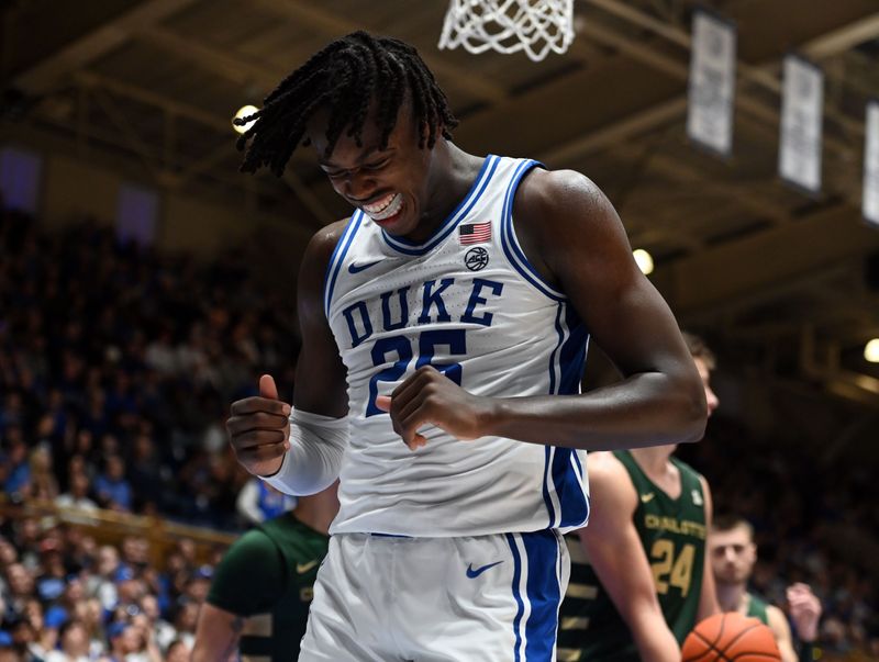 Dec 9, 2023; Durham, North Carolina, USA; Duke Blue Devils forward Mark Mitchell (25) reacts to a missed shot during the second half against the Charlotte 49ers at Cameron Indoor Stadium. Mandatory Credit: Rob Kinnan-USA TODAY Sports