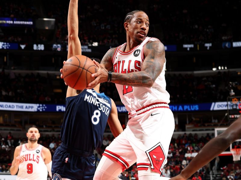 CHICAGO, IL - OCTOBER 19:  DeMar DeRozan #11 of the Chicago Bulls drives to the basket during the game against the Minnesota Timberwolves on October 19, 2023 at United Center in Chicago, Illinois. NOTE TO USER: User expressly acknowledges and agrees that, by downloading and or using this photograph, User is consenting to the terms and conditions of the Getty Images License Agreement. Mandatory Copyright Notice: Copyright 2023 NBAE (Photo by Jeff Haynes/NBAE via Getty Images)