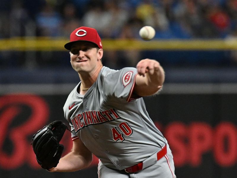 Jul 26, 2024; St. Petersburg, Florida, USA; Cincinnati Reds starting pitcher Nick Lodolo (40) throws a pitch in the first inning against the Tampa Bay Rays at Tropicana Field. Mandatory Credit: Jonathan Dyer-USA TODAY Sports