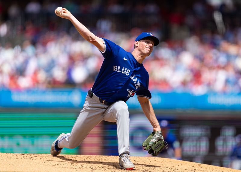 May 8, 2024; Philadelphia, Pennsylvania, USA; Toronto Blue Jays pitcher Chris Bassitt (40) throws a pitch during the second inning against the Philadelphia Phillies at Citizens Bank Park. Mandatory Credit: Bill Streicher-USA TODAY Sports