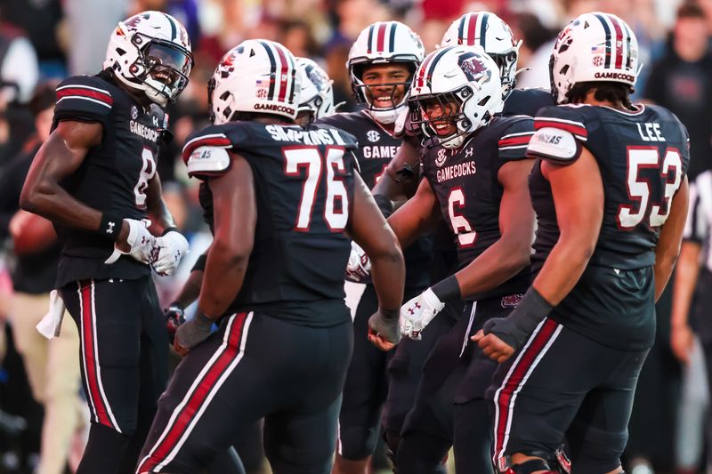 Nov 16, 2024; Columbia, South Carolina, USA; South Carolina Gamecocks tight end Joshua Simon (6) celebrates a touchdown against the Missouri Tigers in the second quarter at Williams-Brice Stadium. Mandatory Credit: Jeff Blake-Imagn Images