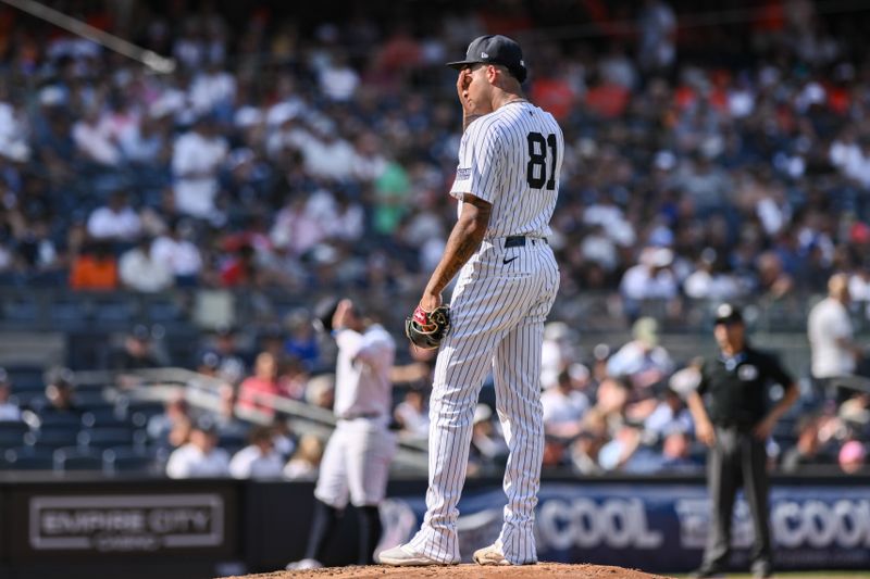 Jun 20, 2024; Bronx, New York, USA; New York Yankees pitcher Luis Gil (81) reacts during the second inning against the Baltimore Orioles at Yankee Stadium. Mandatory Credit: John Jones-USA TODAY Sports