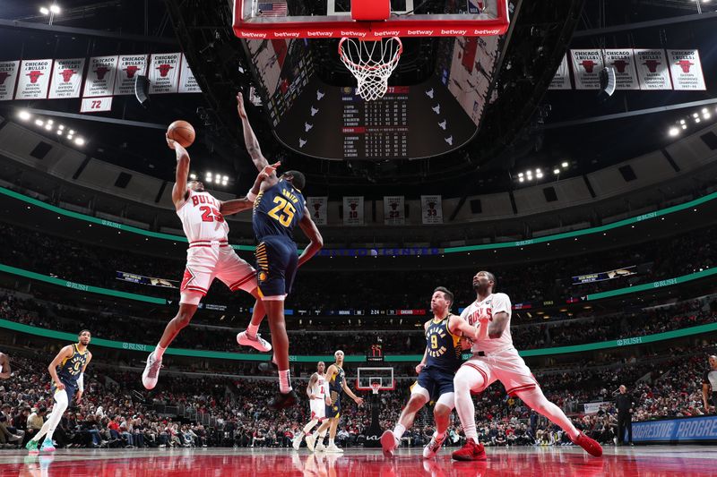 CHICAGO, IL - MARCH 27: Dalen Terry #25 of the Chicago Bulls drives to the basket during the game against the Indiana Pacers on March 27, 2024 at United Center in Chicago, Illinois. NOTE TO USER: User expressly acknowledges and agrees that, by downloading and or using this photograph, User is consenting to the terms and conditions of the Getty Images License Agreement. Mandatory Copyright Notice: Copyright 2024 NBAE (Photo by Jeff Haynes/NBAE via Getty Images)