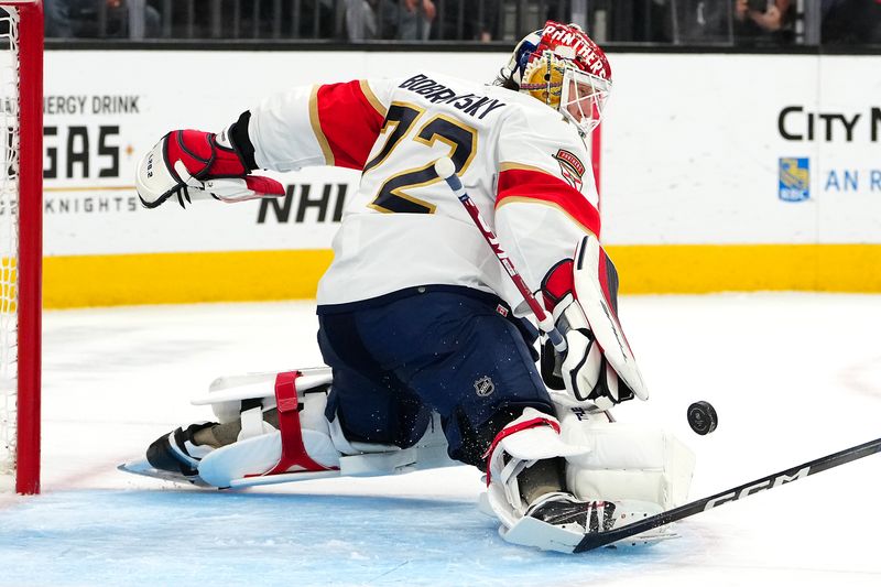 Jan 4, 2024; Las Vegas, Nevada, USA; Florida Panthers goaltender Sergei Bobrovsky (72) makes a save against the Vegas Golden Knights during the second period at T-Mobile Arena. Mandatory Credit: Stephen R. Sylvanie-USA TODAY Sports