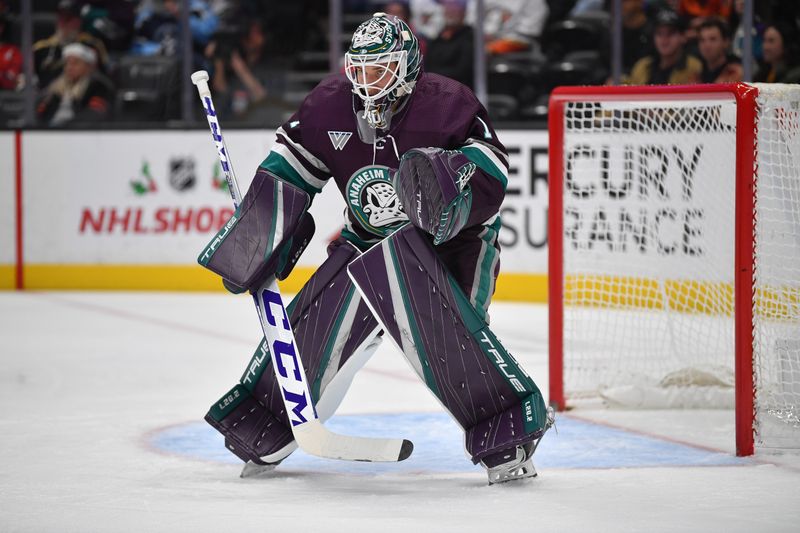 Dec 23, 2023; Anaheim, California, USA;Anaheim Ducks goaltender Lukas Dostal (1) defends the goal against the Seattle Kraken during the first period at Honda Center. Mandatory Credit: Gary A. Vasquez-USA TODAY Sports