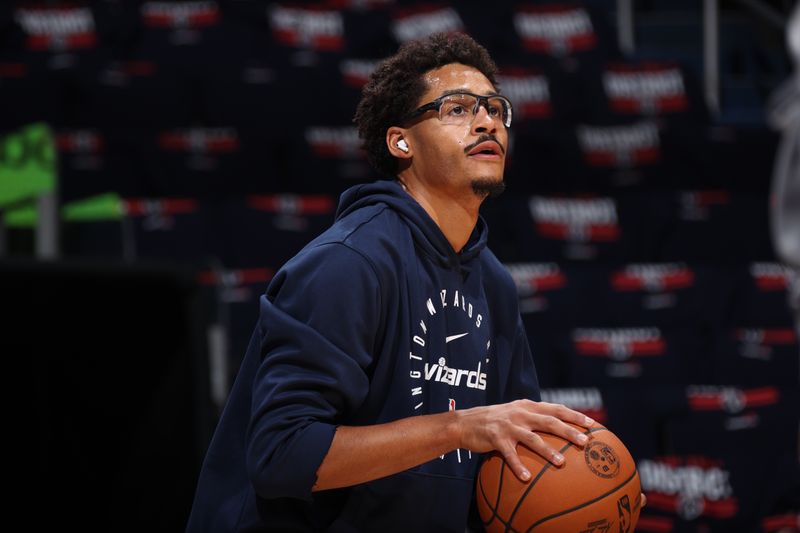 WASHINGTON, DC -? OCTOBER 24: Jordan Poole #13 of the Washington Wizards warms up before the game against the Boston Celtics on October 24, 2024 at Capital One Arena in Washington, DC. NOTE TO USER: User expressly acknowledges and agrees that, by downloading and or using this Photograph, user is consenting to the terms and conditions of the Getty Images License Agreement. Mandatory Copyright Notice: Copyright 2024 NBAE (Photo by Stephen Gosling/NBAE via Getty Images)