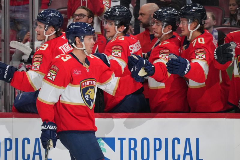 Nov 23, 2024; Sunrise, Florida, USA;  Florida Panthers center Carter Verhaeghe (23) celebrates after a goal against the Colorado Avalanche in the first period at Amerant Bank Arena. Mandatory Credit: Jim Rassol-Imagn Images