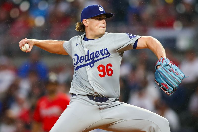 Sep 13, 2024; Atlanta, Georgia, USA; Los Angeles Dodgers starting pitcher Landon Knack (96) throws against the Atlanta Braves in the first inning at Truist Park. Mandatory Credit: Brett Davis-Imagn Images