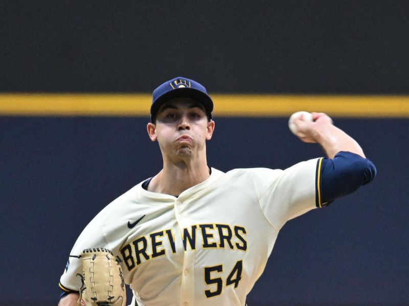 May 10, 2024; Milwaukee, Wisconsin, USA; Milwaukee Brewers pitcher Robert Gasser (54) delivers a pitch against the St. Louis Cardinals in the second inning at American Family Field. Mandatory Credit: Michael McLoone-USA TODAY Sports