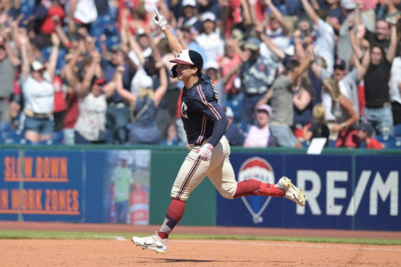 May 19, 2024; Cleveland, Ohio, USA; Cleveland Guardians left fielder Will Brennan (17) celebrates after hitting a walk off three run home run during the ninth inning against the Minnesota Twins at Progressive Field. Mandatory Credit: Ken Blaze-USA TODAY Sports