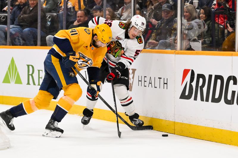 Jan 10, 2026; Nashville, Tennessee, USA;  Chicago Blackhawks left wing Tyler Bertuzzi (59) and Nashville Predators defenseman Nicolas Hague (41) battle for the puck on the boards during the second period at Bridgestone Arena. Mandatory Credit: Steve Roberts-Imagn Images