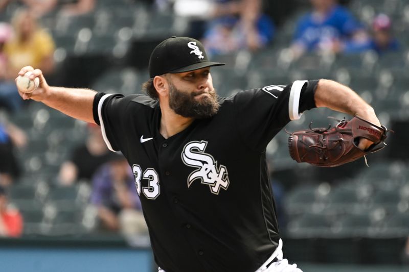 Jul 6, 2023; Chicago, Illinois, USA;  Chicago White Sox starting pitcher Lance Lynn (33) delivers against the Toronto Blue Jays during the first inning at Guaranteed Rate Field. Mandatory Credit: Matt Marton-USA TODAY Sports