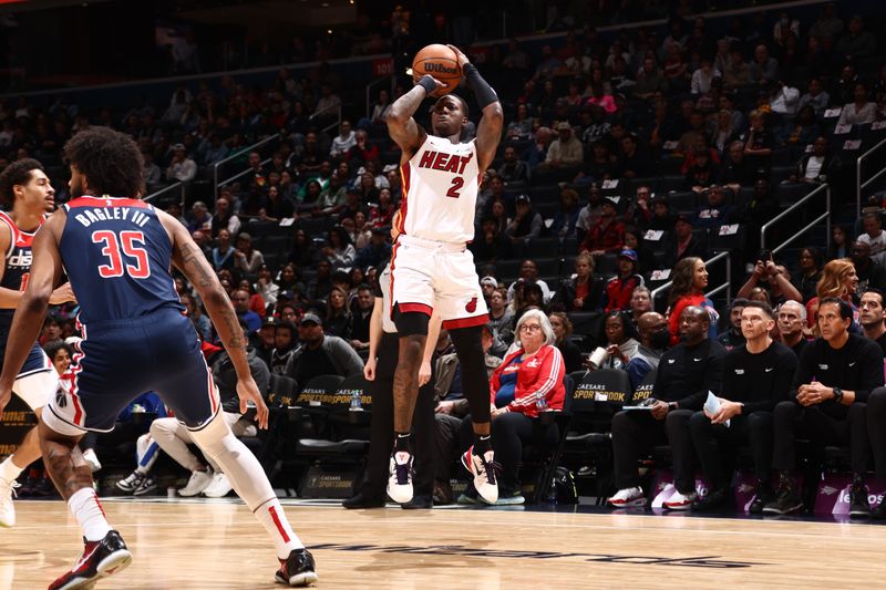 WASHINGTON, DC -? MARCH 31:  Terry Rozier #2 of the Miami Heat shoots the ball during the game against the Washington Wizards on March 31, 2024 at Capital One Arena in Washington, DC. NOTE TO USER: User expressly acknowledges and agrees that, by downloading and or using this Photograph, user is consenting to the terms and conditions of the Getty Images License Agreement. Mandatory Copyright Notice: Copyright 2024 NBAE (Photo by Kenny Giarla/NBAE via Getty Images)