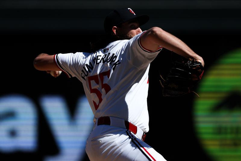 May 5, 2024; Minneapolis, Minnesota, USA; Minnesota Twins relief pitcher Kody Funderburk (55) delivers a pitch against the Boston Red Sox during the seventh inning at Target Field. Mandatory Credit: Matt Krohn-USA TODAY Sports