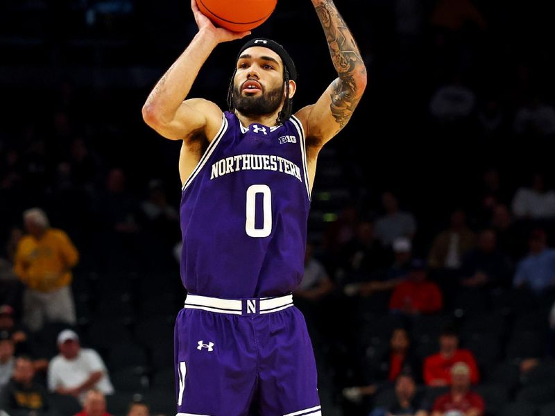 Dec 20, 2023; Phoenix, Arizona, USA; Northwestern Wildcats guard Boo Buie (0) shoots the ball during the first half of the game against the Arizona State Sun Devils during the Hall of Series at Footprint Center. Mandatory Credit: Mark J. Rebilas-USA TODAY Sports