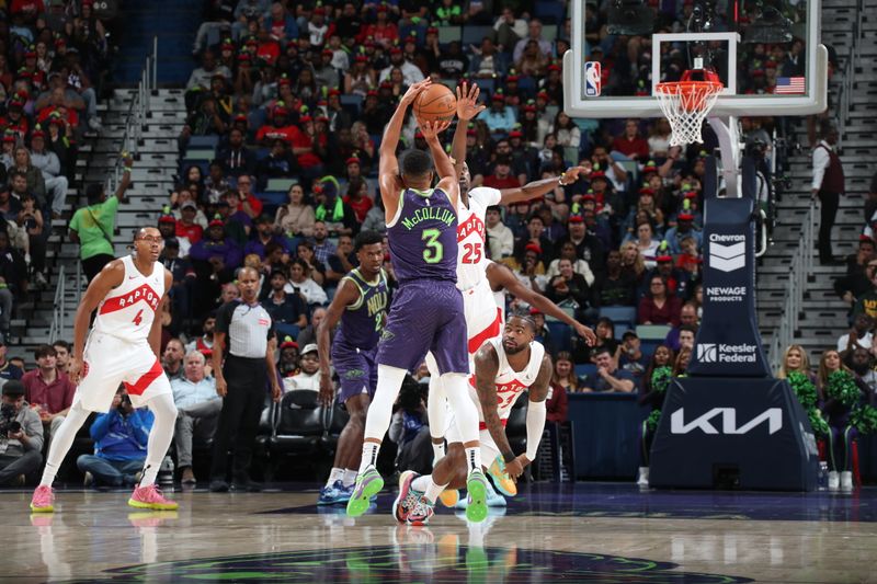 NEW ORLEANS, LA - NOVEMBER 27: CJ McCollum #3 of the New Orleans Pelicans shoots a three point basket during the game against the Toronto Raptors   during a regular season game on November 27, 2024 at the Smoothie King Center in New Orleans, Louisiana. NOTE TO USER: User expressly acknowledges and agrees that, by downloading and or using this Photograph, user is consenting to the terms and conditions of the Getty Images License Agreement. Mandatory Copyright Notice: Copyright 2024 NBAE (Photo by Layne Murdoch Jr./NBAE via Getty Images)