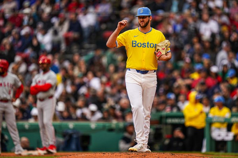 Apr 14, 2024; Boston, Massachusetts, USA; Boston Red Sox relief pitcher Justin Slaten (63) on the mound against the Los Angeles Angels in the seventh inning at Fenway Park. Mandatory Credit: David Butler II-USA TODAY Sports