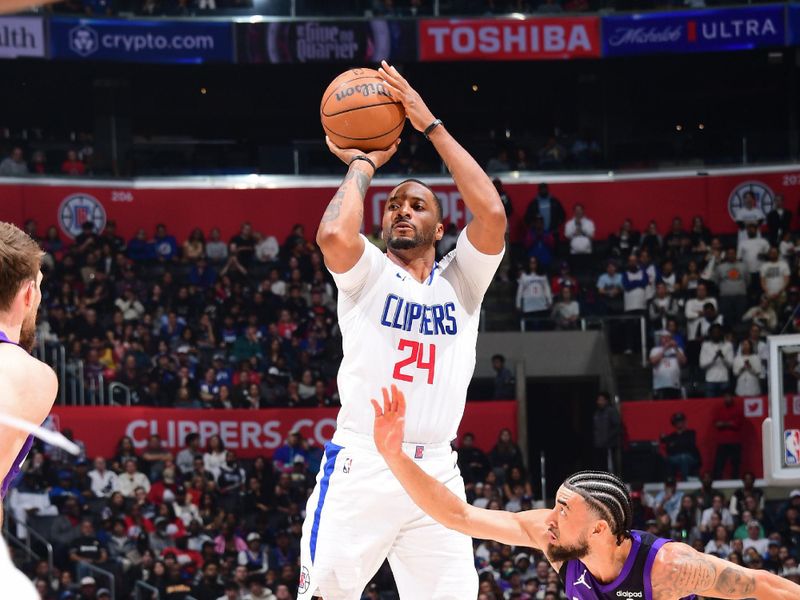 LOS ANGELES, CA - FEBRUARY 25: Norman Powell #24 of the LA Clippers shoots the ball during the game against the Sacramento Kings on February 25, 2024 at Crypto.Com Arena in Los Angeles, California. NOTE TO USER: User expressly acknowledges and agrees that, by downloading and/or using this Photograph, user is consenting to the terms and conditions of the Getty Images License Agreement. Mandatory Copyright Notice: Copyright 2024 NBAE (Photo by Adam Pantozzi/NBAE via Getty Images)