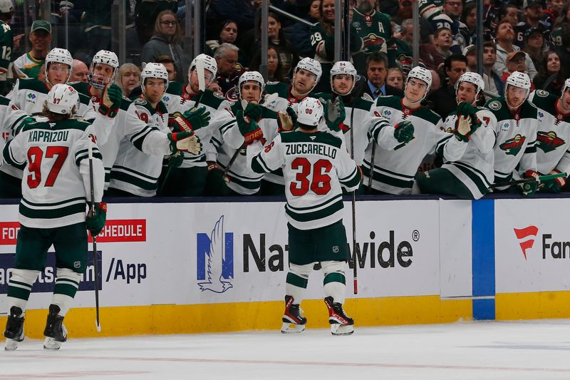 Oct 19, 2024; Columbus, Ohio, USA; Minnesota Wild right wing Mats Zuccarello (36) celebrates his goal against the Columbus Blue Jackets during the third period  at Nationwide Arena. Mandatory Credit: Russell LaBounty-Imagn Images