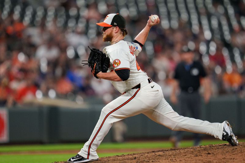 Jun 26, 2024; Baltimore, Maryland, USA; Baltimore Orioles pitcher Craig Kimbrel (46) throws a pitch during the ninth inning against the Cleveland Guardians at Oriole Park at Camden Yards. Mandatory Credit: Reggie Hildred-USA TODAY Sports