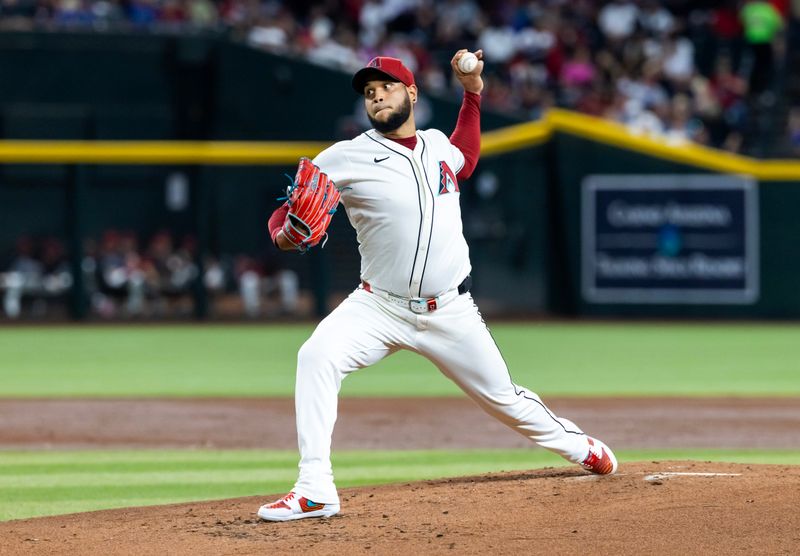 Sep 16, 2025; Phoenix, Arizona, USA; Arizona Diamondbacks pitcher Eduardo Rodriguez pitches in the second inning against the San Francisco Giants at Chase Field. Mandatory Credit: Mark J. Rebilas-Imagn Images