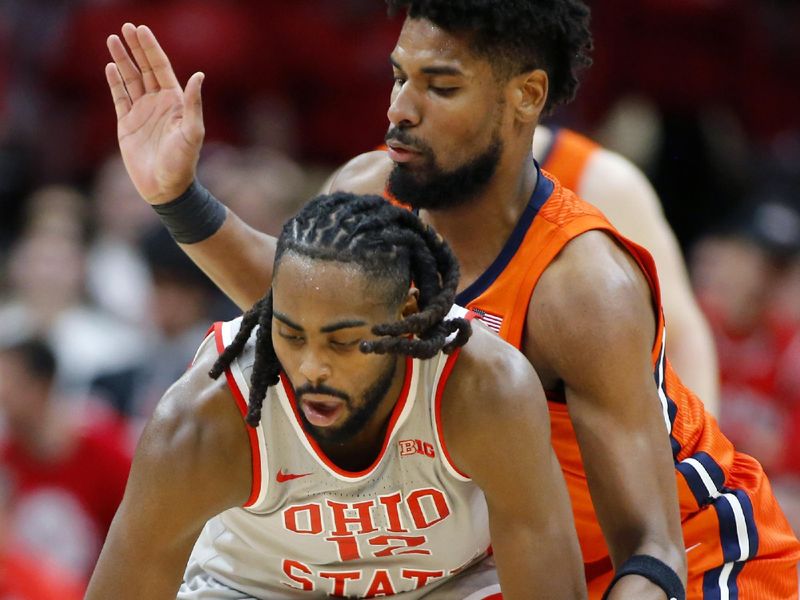 Jan 30, 2024; Columbus, Ohio, USA; Ohio State Buckeyes guard Evan Mahaffey (12) picks up the loose ball as Illinois Fighting Illini forward Quincy Guerrier (13) defends on the play during the second half at Value City Arena. Mandatory Credit: Joseph Maiorana-USA TODAY Sports