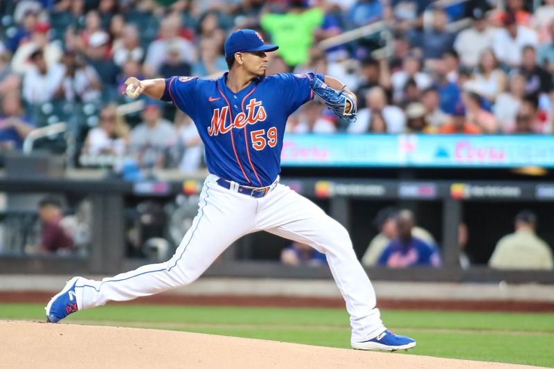 Aug 26, 2023; New York City, New York, USA;  New York Mets starting pitcher Carlos Carrasco (59) pitches in the first inning against the Los Angeles Angels at Citi Field. Mandatory Credit: Wendell Cruz-USA TODAY Sports