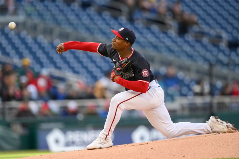 Apr 4, 2024; Washington, District of Columbia, USA; Washington Nationals starting pitcher Josiah Gray (40) throws a pitch during the first inning against the Pittsburgh Pirates at Nationals Park. Mandatory Credit: Reggie Hildred-USA TODAY Sports