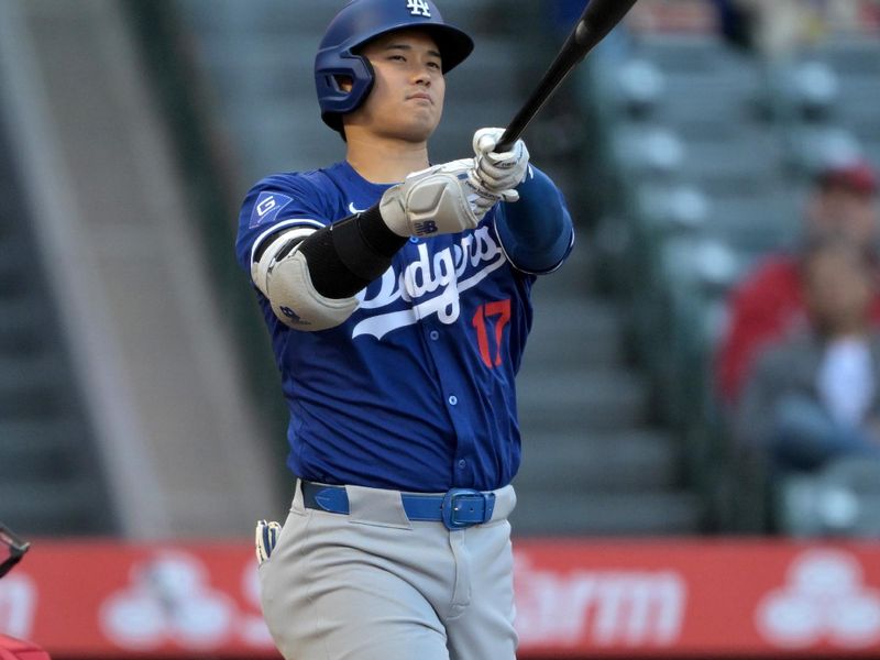 Mar 26, 2024; Anaheim, California, USA; Los Angeles Dodgers designated hitter Shohei Ohtani (17) strikes out in the first inning against the Los Angeles Angels at Angel Stadium. Mandatory Credit: Jayne Kamin-Oncea-USA TODAY Sports