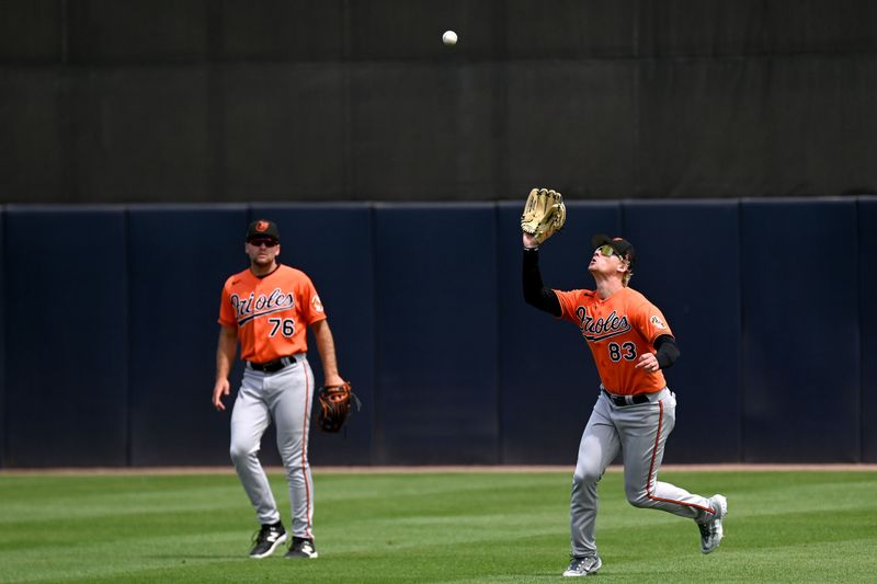 Mar 19, 2023; Tampa, Florida, USA; Baltimore Orioles right fielder Kyle Stowers (83) catches a fly ball in the third inning of a spring training game against the New York Yankees at George M. Steinbrenner Field. Mandatory Credit: Jonathan Dyer-USA TODAY Sports