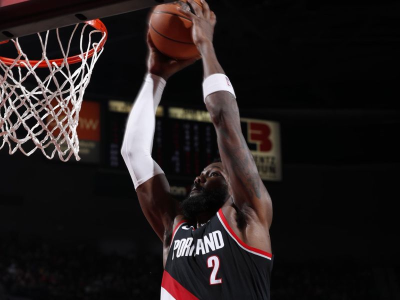 PORTLAND, OR - JANUARY 28: Deandre Ayton #2 of the Portland Trail Blazers dunks the ball during the game against the Chicago Bulls on January 28, 2024 at the Moda Center Arena in Portland, Oregon. NOTE TO USER: User expressly acknowledges and agrees that, by downloading and or using this photograph, user is consenting to the terms and conditions of the Getty Images License Agreement. Mandatory Copyright Notice: Copyright 2024 NBAE (Photo by Cameron Browne/NBAE via Getty Images)