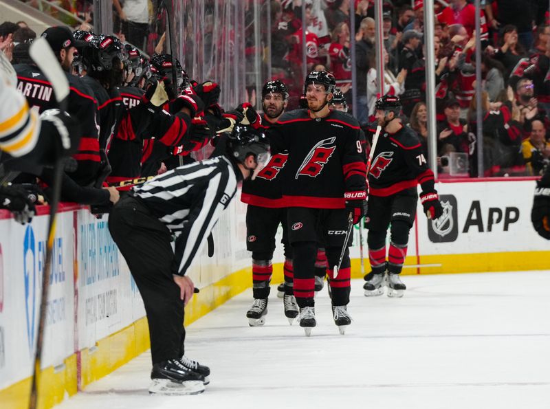 Oct 31, 2024; Raleigh, North Carolina, USA;  Carolina Hurricanes center Jack Roslovic (96) celebrates his goal against the Boston Bruins during the second period at Lenovo Center. Mandatory Credit: James Guillory-Imagn Images