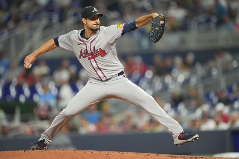 Sep 20, 2024; Miami, Florida, USA;  Atlanta Braves pitcher Charlie Morton (50) pitches in the first inning against the Miami Marlins at loanDepot Park. Mandatory Credit: Jim Rassol-Imagn Images