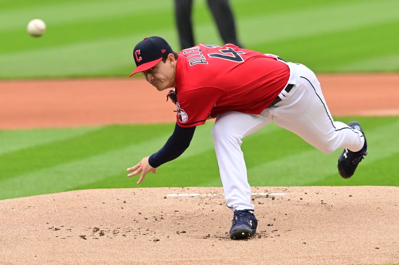 Apr 23, 2023; Cleveland, Ohio, USA; Cleveland Guardians pitcher Logan Allen (41) throws a pitch during the first inning against the Miami Marlins at Progressive Field. Mandatory Credit: Ken Blaze-USA TODAY Sports